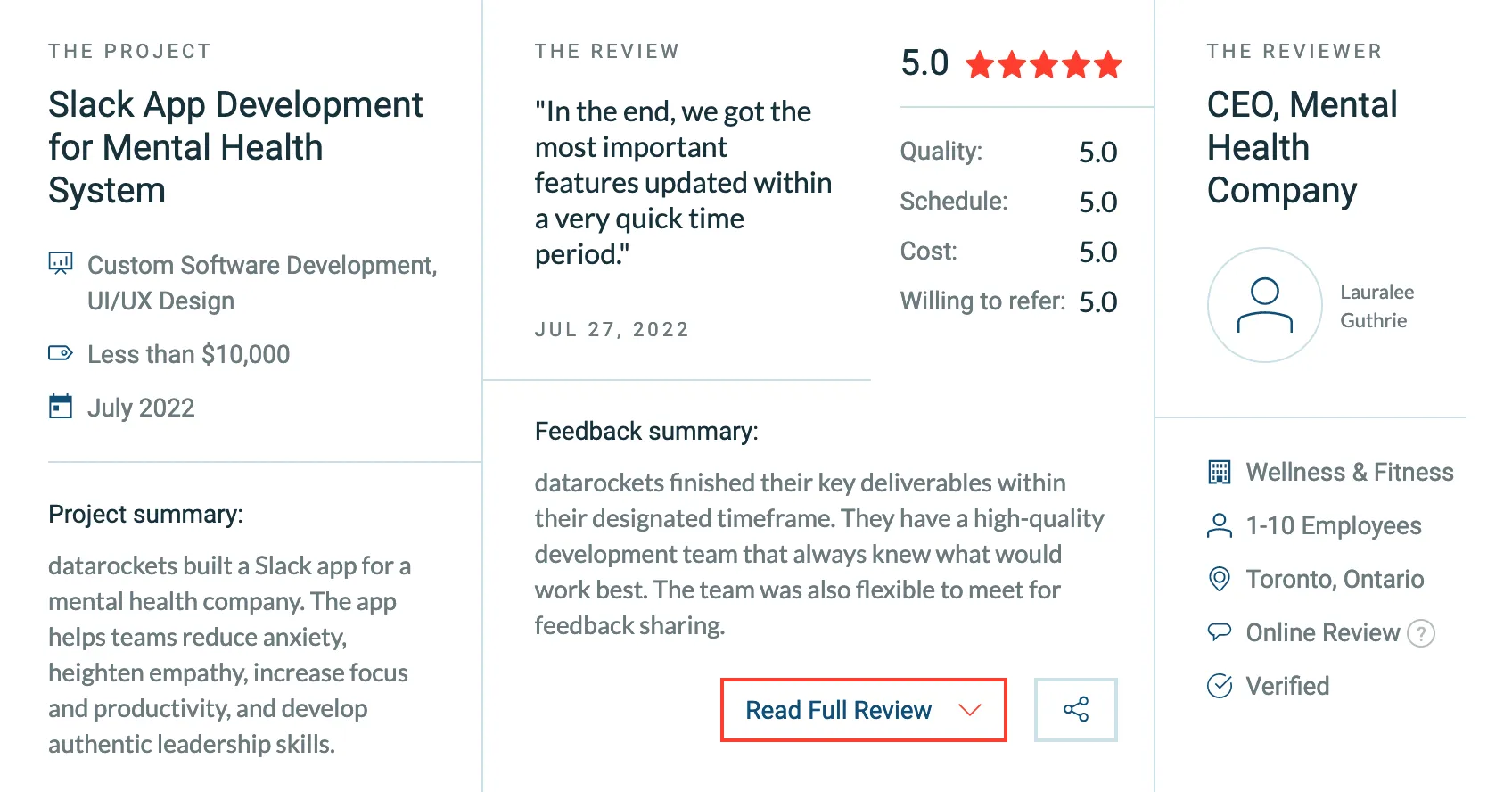 Mindku client feedback message expressing satisfaction with the datarockets team's work and interest in continuing the partnership