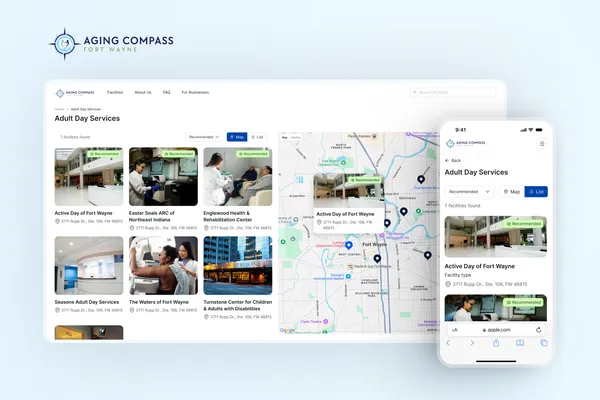 Case study cover image for Aging Compass showing desktop and mobile interfaces of the senior care directory platform with facility listings, map view, and detailed facility information