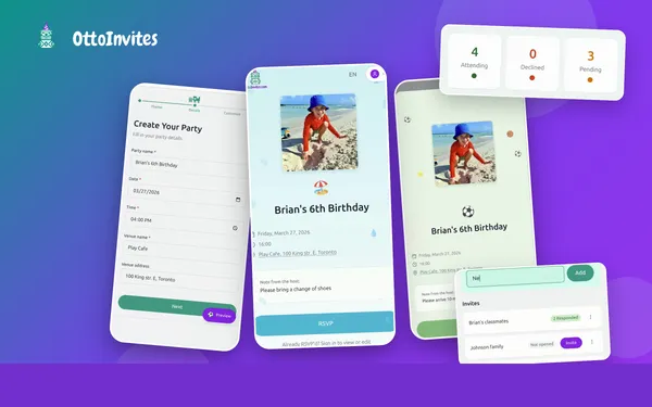 OttoInvites landing page showing the Otto otter mascot and themed party invitation interface