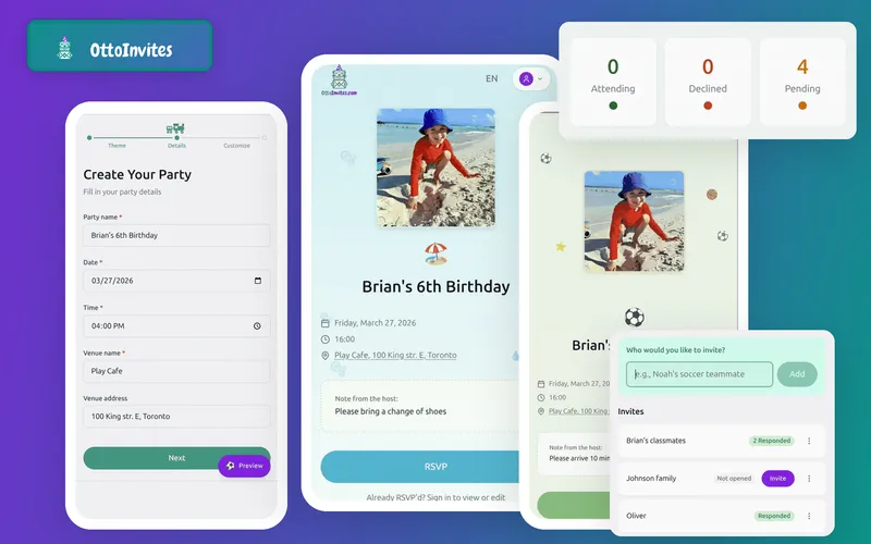 OttoInvites landing page showing the Otto otter mascot and themed party invitation interface
