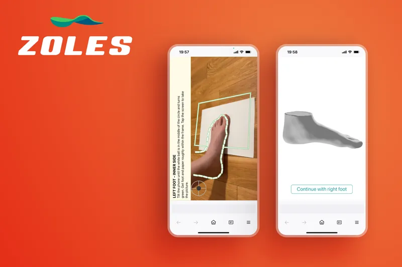 Case study cover image for ZOLES featuring mobile app screens demonstrating 3D foot scanning technology with AR foot measurement interface and foot model visualization on orange background
