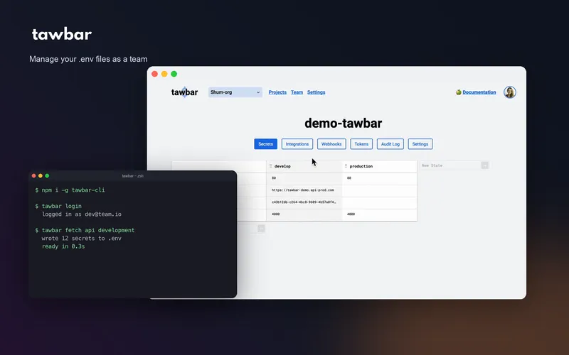 Tawbar case study cover showing the secrets management interface with environment variables organized across develop, production, and preview columns