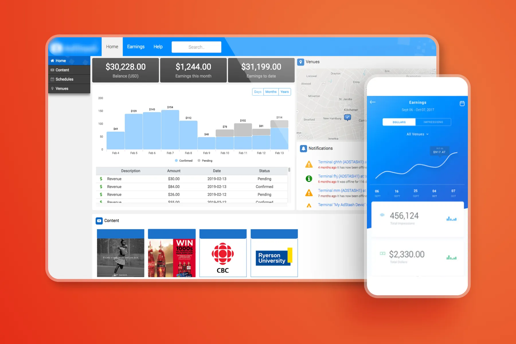 Adstash advertising platform interface on laptop and mobile devices