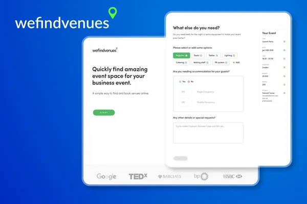 WeFindVenues case study cover showing the venue booking platform interface with venue search, booking management, and event planning features