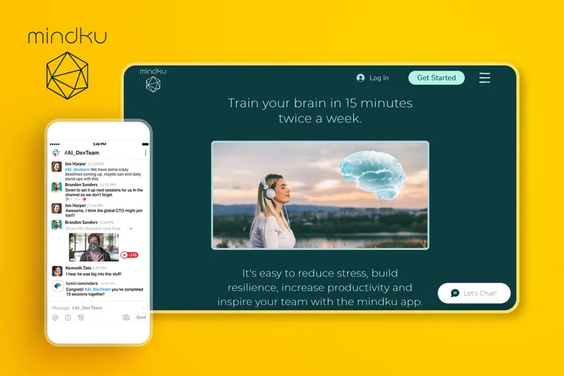 Case study cover image for Mindku displaying the meditation platform web interface with brain training messaging, Slack integration chat interface, and serene imagery promoting team wellness on yellow background