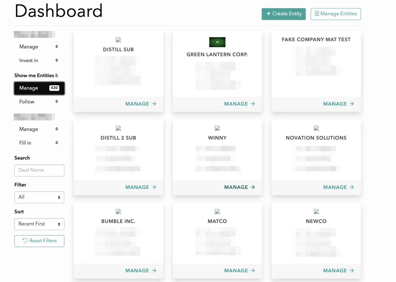 Dashboard page with cards and sidebar filters