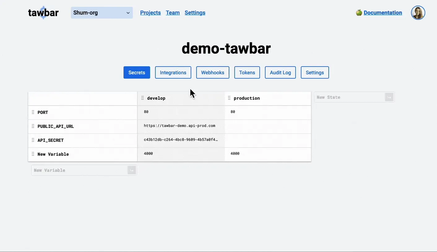 Tawbar project view showing the secrets grid with environment variables as rows and environments as columns, demonstrating inline editing of values