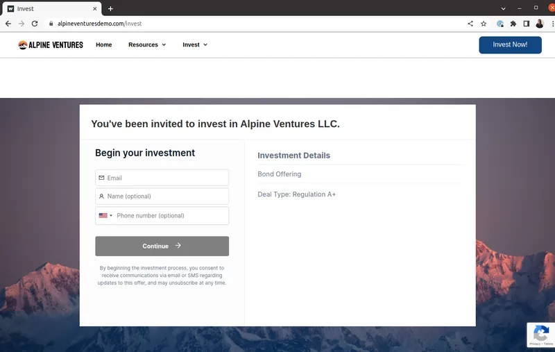 DealMaker investor flow embedded on business website showing integration capabilities