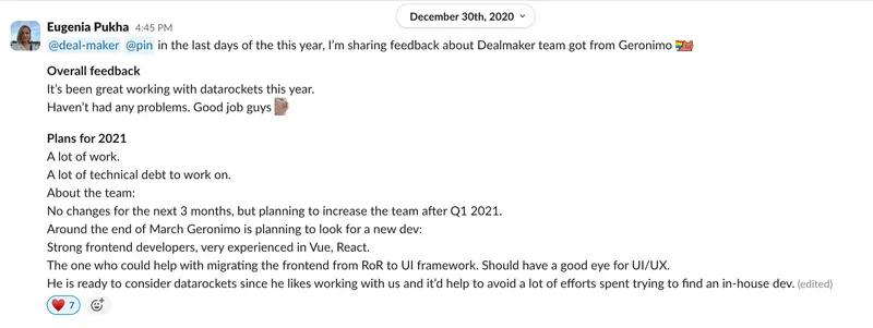Slack message from DealMaker team sharing positive feedback about datarockets collaboration, highlighting plans for team growth and continued partnership