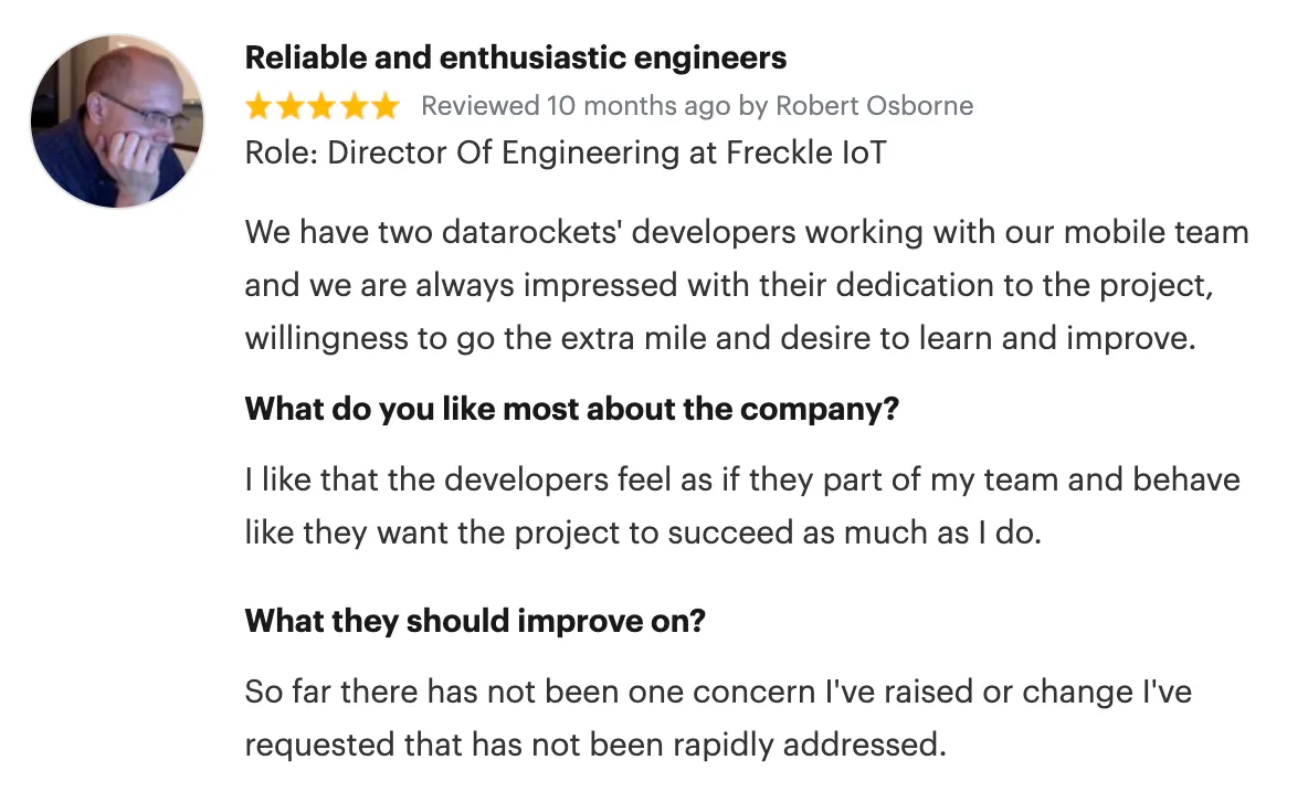 Testimonial from Robert Osborne, Director Of Engineering at Freckle IoT, about working with datarockets