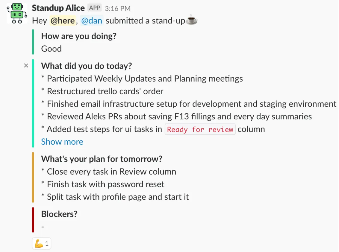 Geekbot standup report posted in a Slack channel