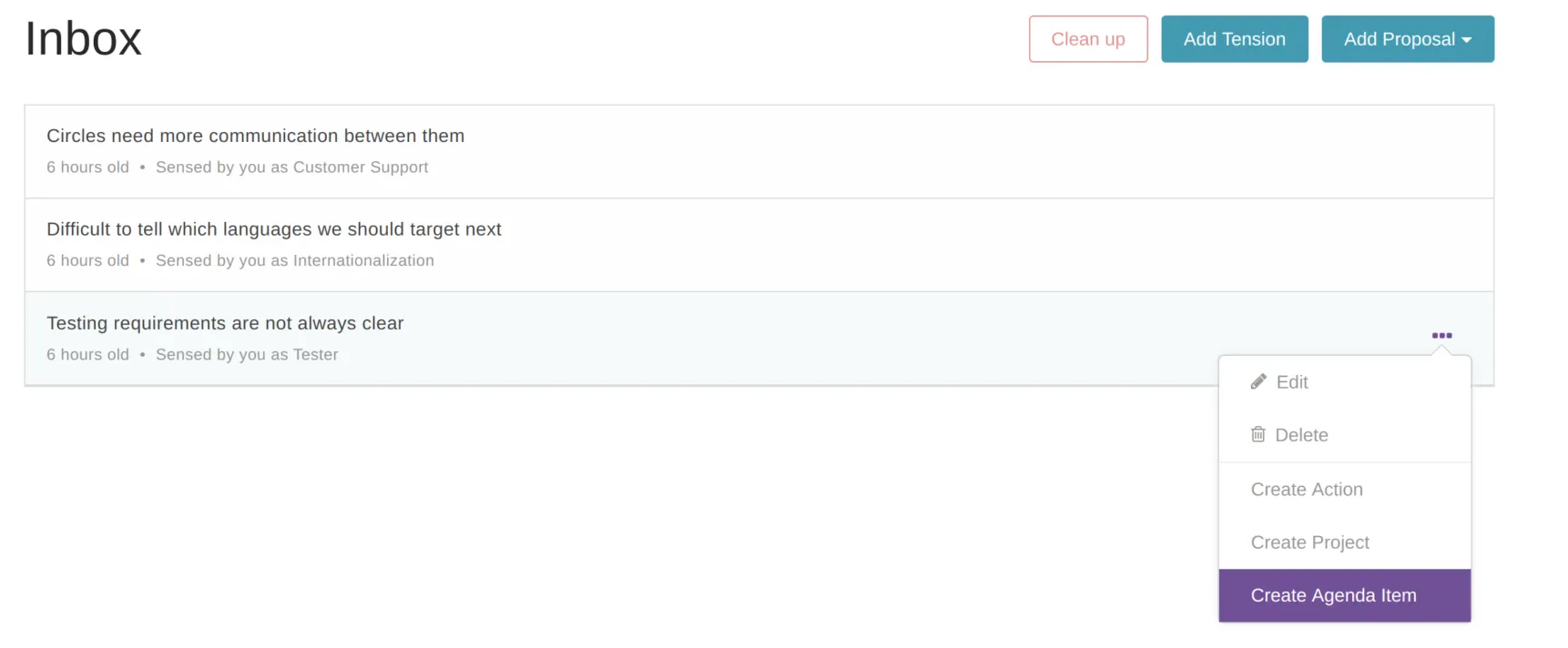 Glassfrog inbox feature dashboard displaying collected tensions that can be converted to projects, actions, or agenda items