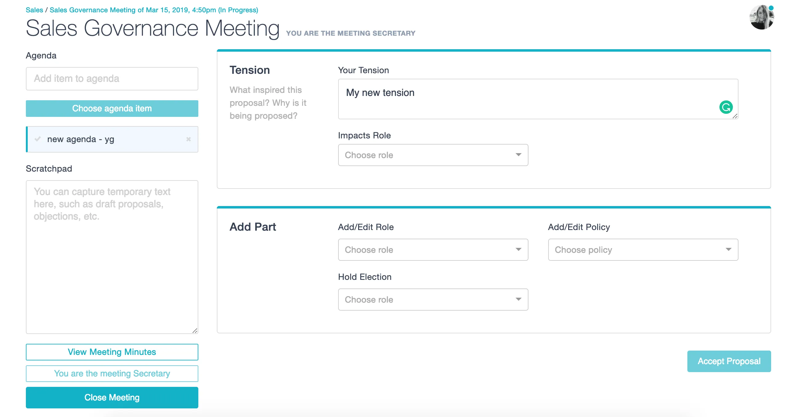 Glassfrog Proposal Builder interface showing governance meeting workflow for processing tensions and implementing organizational changes