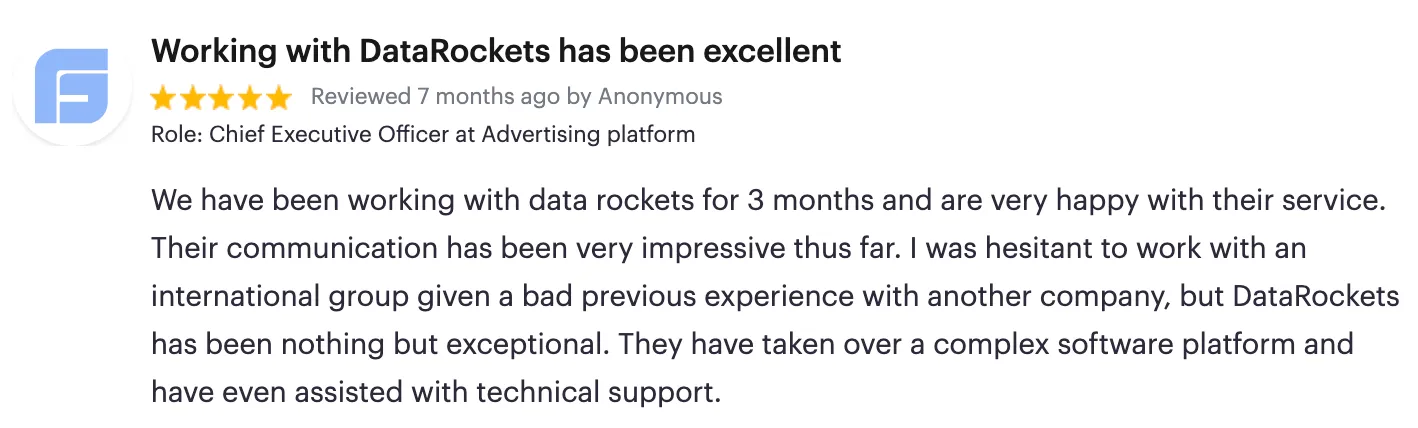 Positive client review on GoodFirms platform praising datarockets team for excellent communication, problem-solving skills, and successful international collaboration