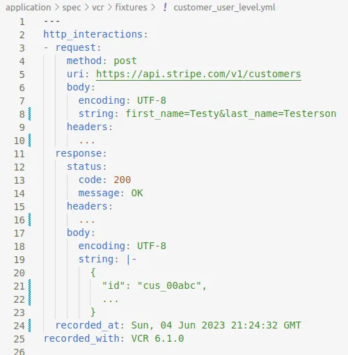 Screenshot of an example VCR cassette YAML file recording a POST request to the Stripe customers API and the recorded response
