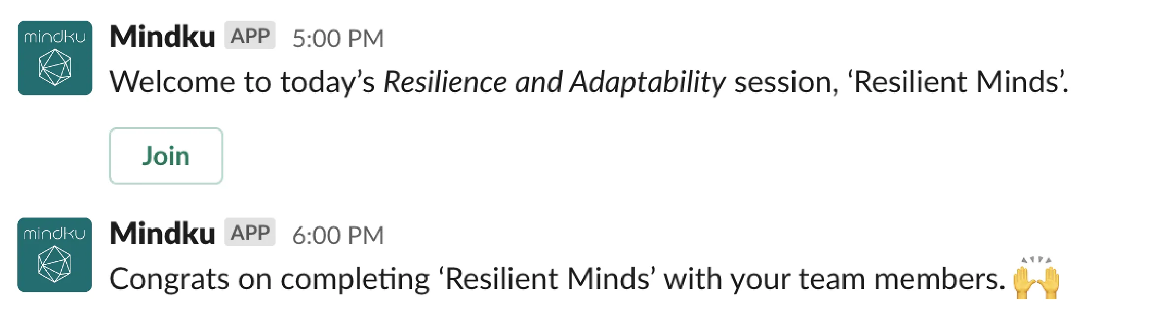 Slack meditations interface showing Mindku app messages for meditation session invitations and team participation