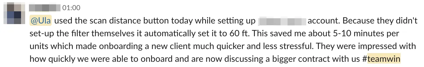 Client feedback on onboarding automation improvements showing positive response to streamlined configuration process and time savings