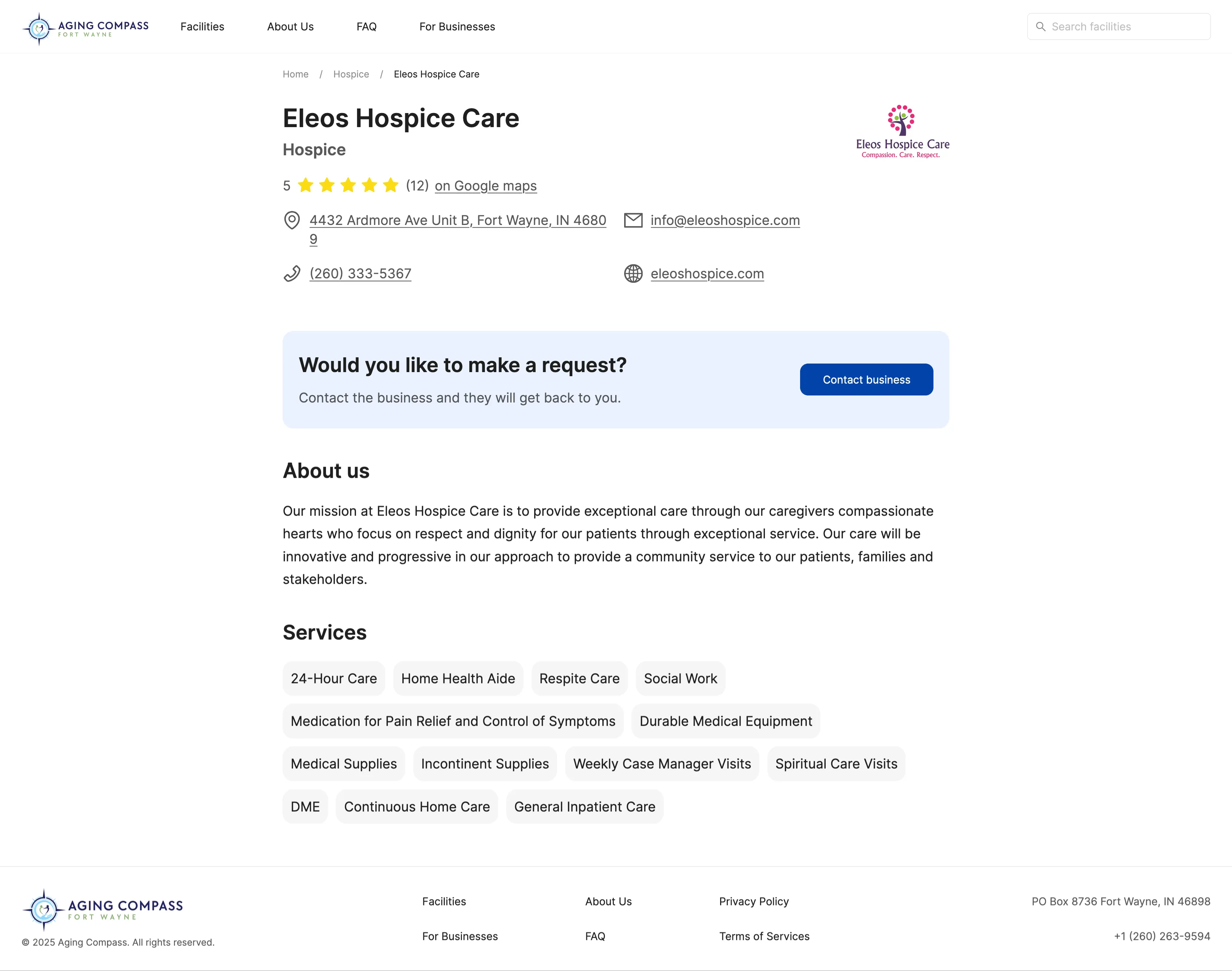 Aging Compass provider detail page showing Eleos Hospice Care with 5-star Google rating, contact information including address in Fort Wayne, phone number, email and website, mission statement describing compassionate care approach, and comprehensive services list including 24-hour care, home health aide, respite care, medical supplies, and various specialized care options