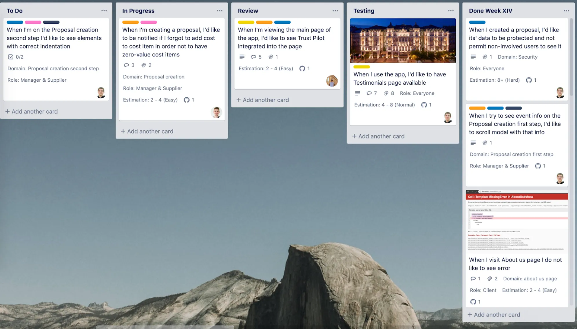 Screenshot of a Trello kanban board