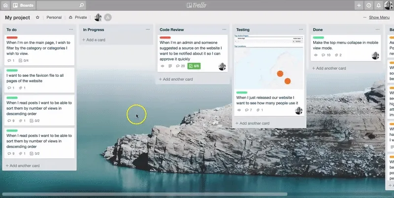 Animated Trello board with cards moving between columns