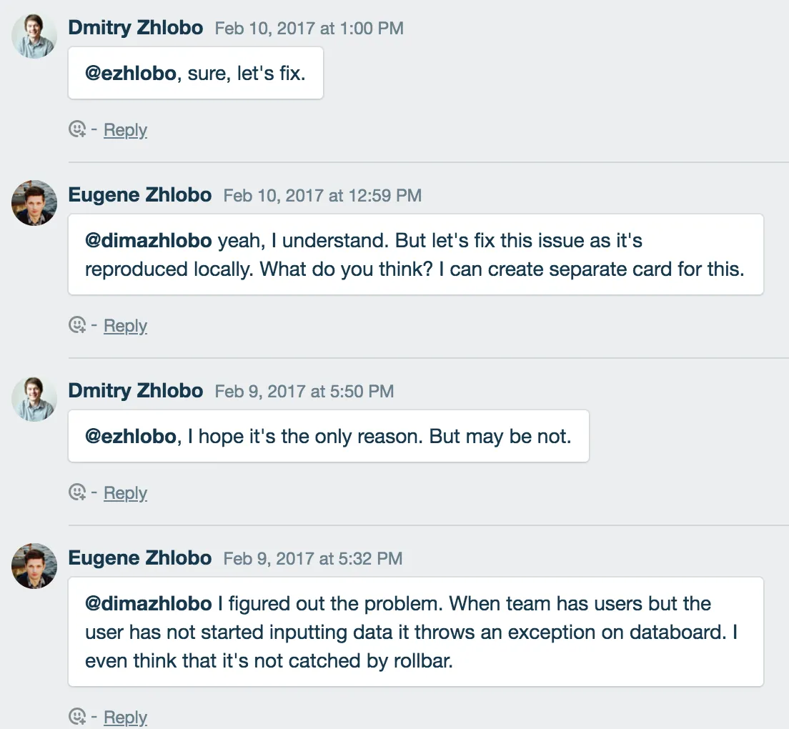 Trello card with a thread of comments discussing implementation details