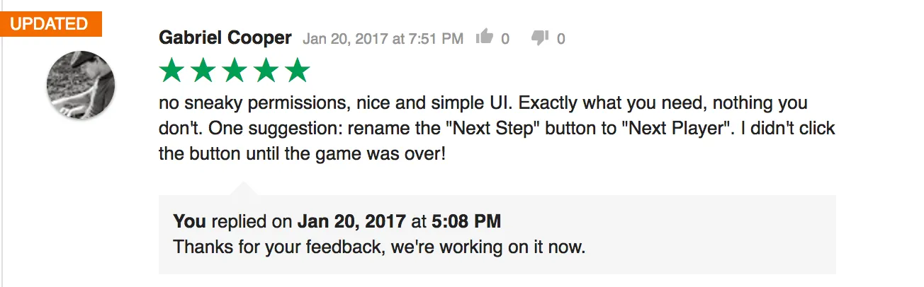 Positive user reviews for the Munchkin Level Counter app