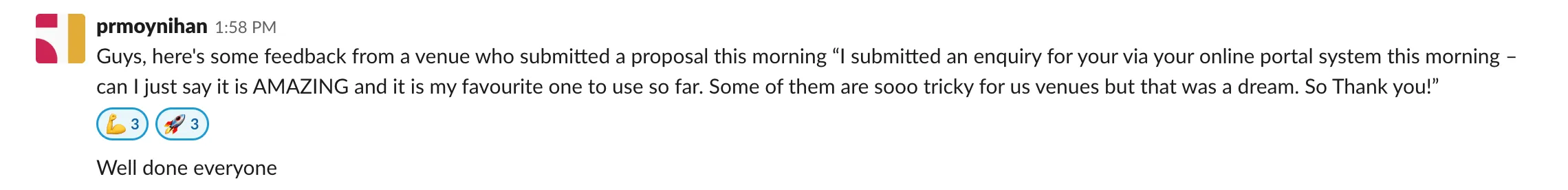 Positive user feedback testimonial for WeFindVenues praising the improved online portal system and user experience