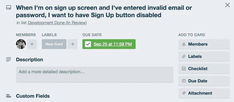 Example of a Trello card titled with a user story