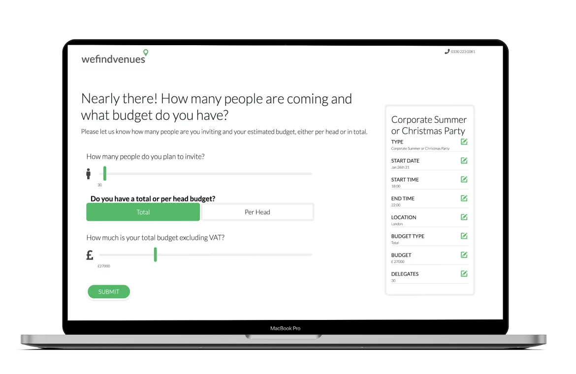 WeFindVenues platform interface showing venue search functionality, event details forms, and booking management system for event planners